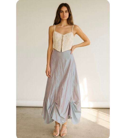 Vintage 90s Nicole Miller Blue Metallic Silk Maxi SkirtWith...